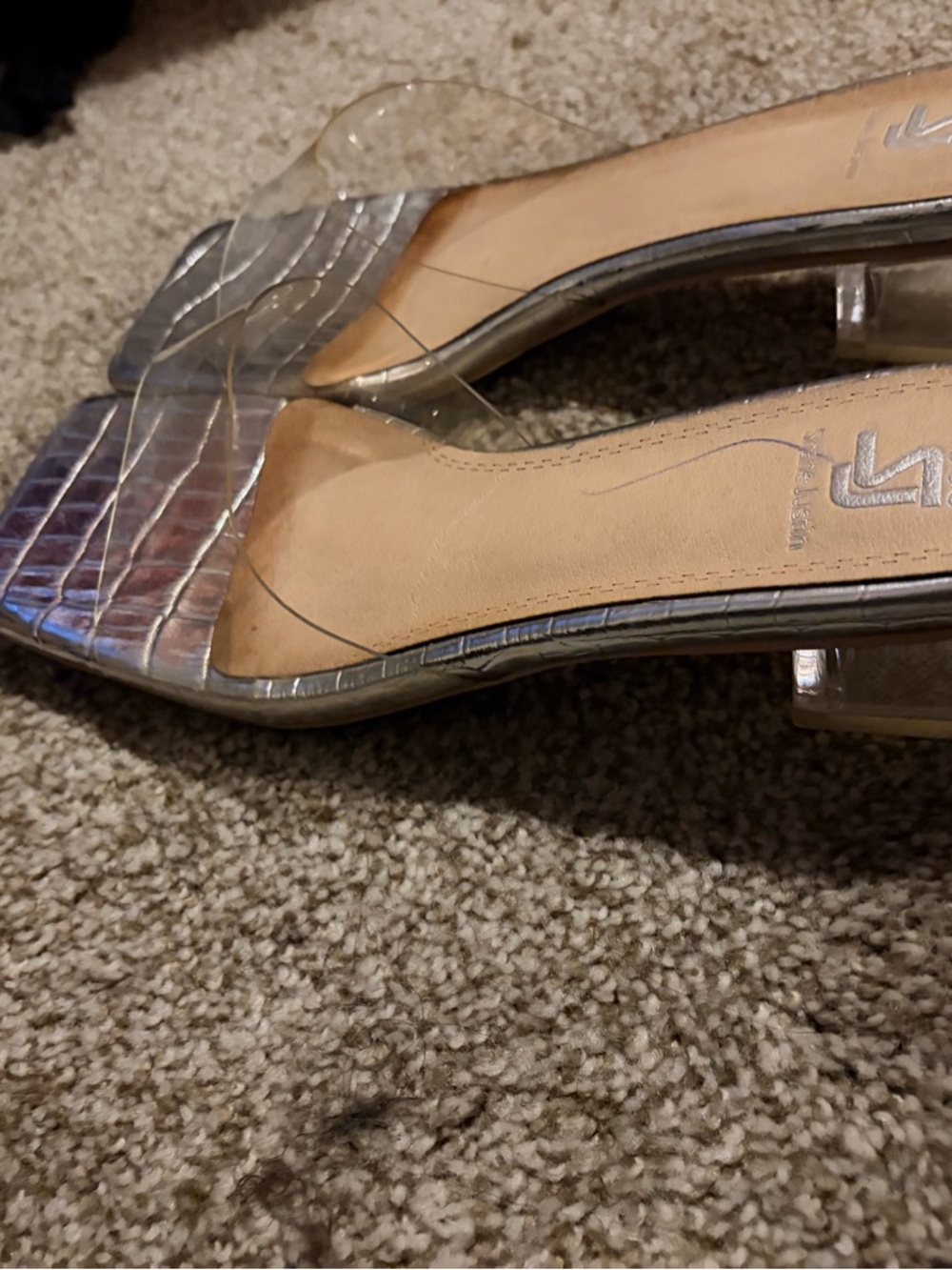 Silver Croc-Embossed Clear Strap Mid-Heel Sandals